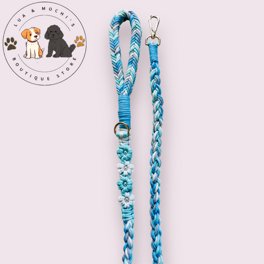 monterey bay blue grey white pearl floral pretty dog leash cute dog gear durable dog lead handmade cotton braided